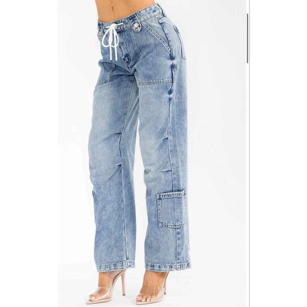 1030 cargo drawstring denim jeans waist 1/25 flat lay NWOT Retail $69 - Picture 2 of 10